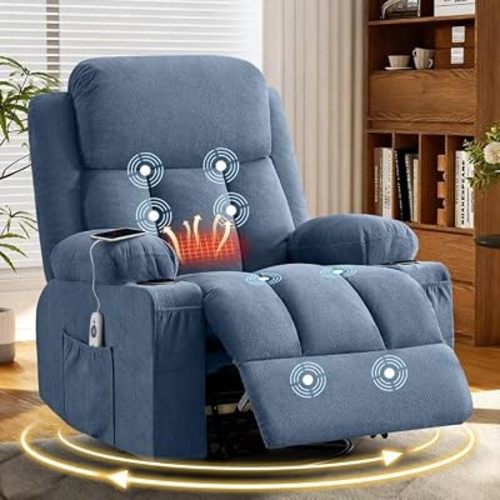 MAHOMICO Swivel Rocker Recliner Chair with Vibration Massage and Heat for Living Room,with Rocking Function and Side Pocket, USB Charge Port,2 Cup Holders