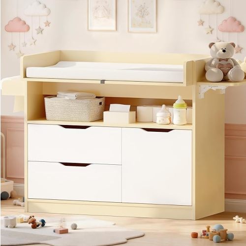 Baby Changing Table Dresser with 3 Drawers and 1 Storage Shelves, Can be Used as a Baby Dresser with Pad, a Changing Table with Drawers (Light Wooden and White)