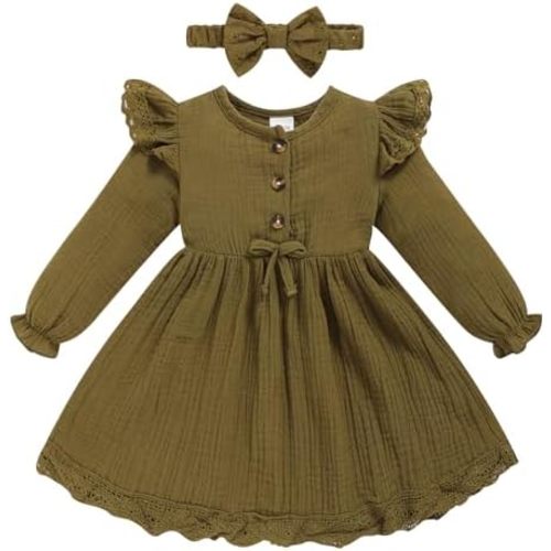 Sinhoon Toddler Fall Dress Baby Girl Dress Ruffle Long Sleeve Toddler Girl Dress Smocked Baby Fall Dresses with Bow Headband
