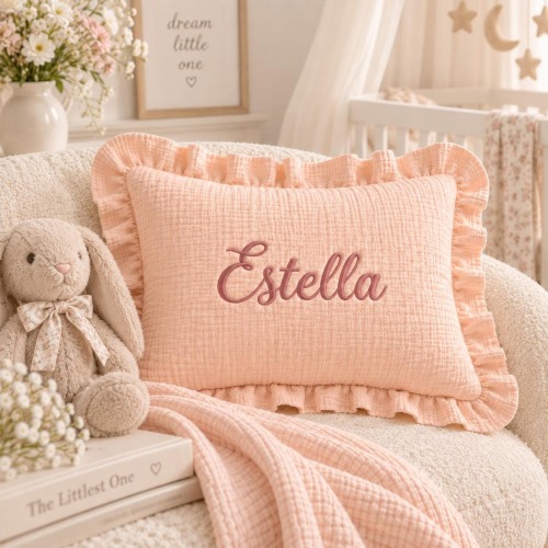 Custom Baby Name Muslin Ruffle Pillow, Personalized Embroidered Pillow Kids, Nursery Decor, Newborn Gift, Toddler Pillow