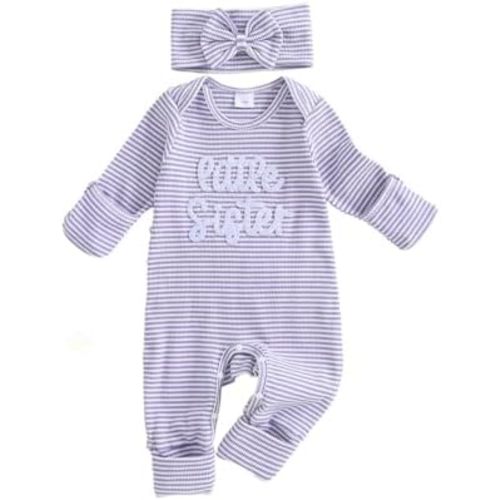 Newborn Baby Girl Clothes Little Sister Romper Waffle Stripe Jumpsuit And Headband Coming Home From Hospital Outfit