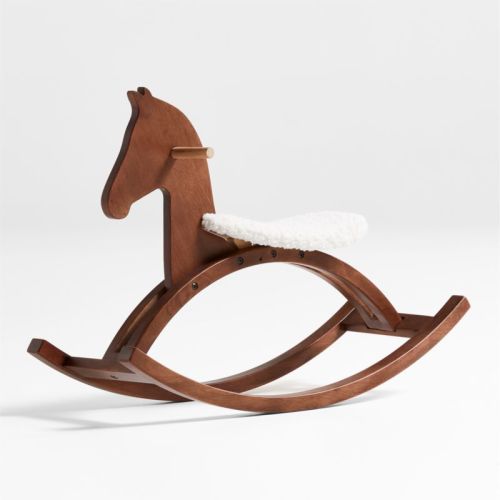 Deep Brown Wooden Kids Rocking Horse with Sherpa Seat