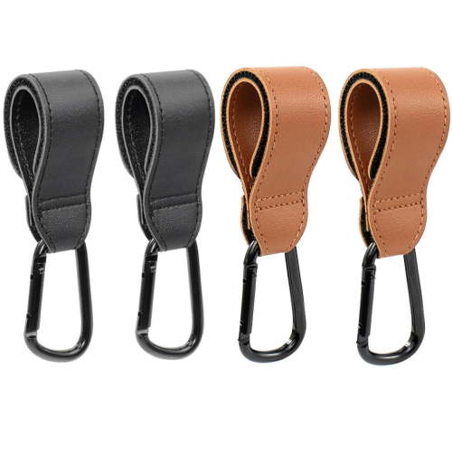 4-Pack Baby Stroller Hooks - Bag Hooks for Hanging Diaper Bags Multipurpose Hooks for Grocery Shopping Bags Premium Vegan Leather Pram Straps (Brown and Black)