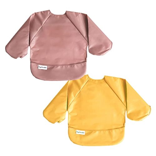 Tiny Twinkle Long Sleeve Bib for Babies & Toddlers – 2 Pack Waterproof Smock Bibs for Eating – Machine Washable & Mess-Proof, Baby Feeding Essential & Shower Must-Have (Taupe Dandelion,2-4Y)