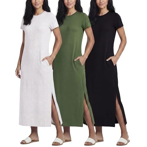 3 Pack Women's Maxi Dresses Casual Short Sleeve T-Shirt Dress Long Slit | Available In Plus Size, Cute Ladies Lounge Travel Spring Knit, Simple Comfy Stretch Lightweight, Ankle Length Summer