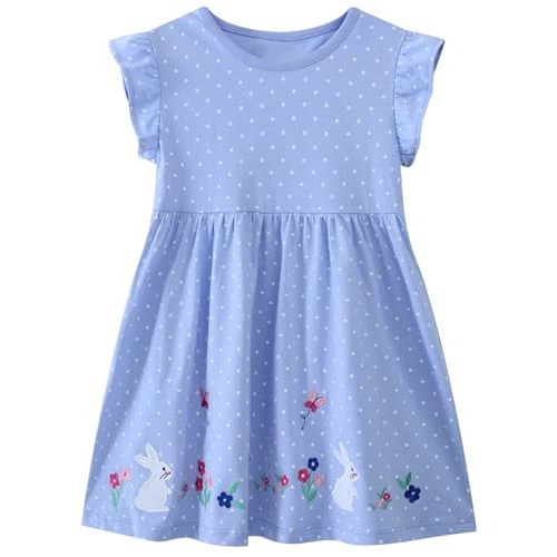 FreeLu Girls Cartoon Appliques Dress Cotton Summer Short Sleeve Dresses Casual Jersey Skirt