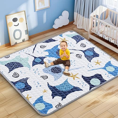omzer Baby Play Mat, 71x59 Inch Large & Thick & Soft Cushioned Playmat for Playpen, Non-Slip Floor Mat for Crawling Infants & Toddlers with Safety Silicone Backing, Machine Washable - Blue