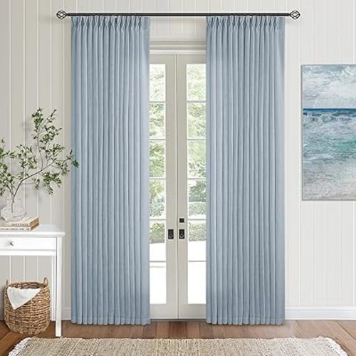 Dusty Blue Pinch Pleated Linen Curtains 84 Inches Long 2 Panels Set for Living Room Dining Pinch Pleat Back Tab Light Filtering Boho Coastal Window Curtain Drapes 84 Inch Length Light Sky Blue