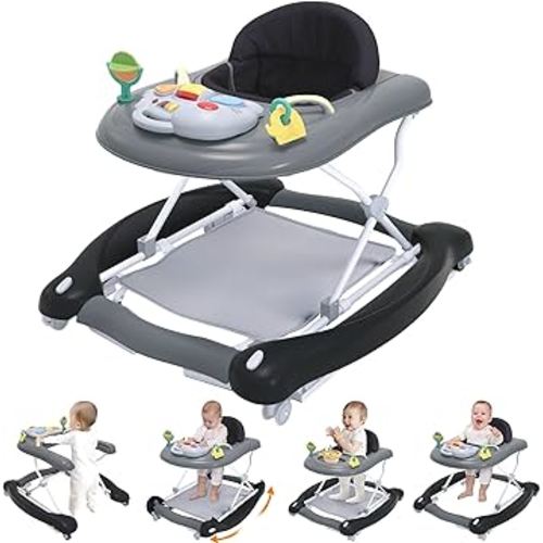 Foldable Baby 5-in-1 Activity Walker - Rocker, Activity Center, Bouncer, Seat Walker, Push Walker - Adjustable Speed Rear Wheels and Height Toys Ages 6-18 Months… (Black)
