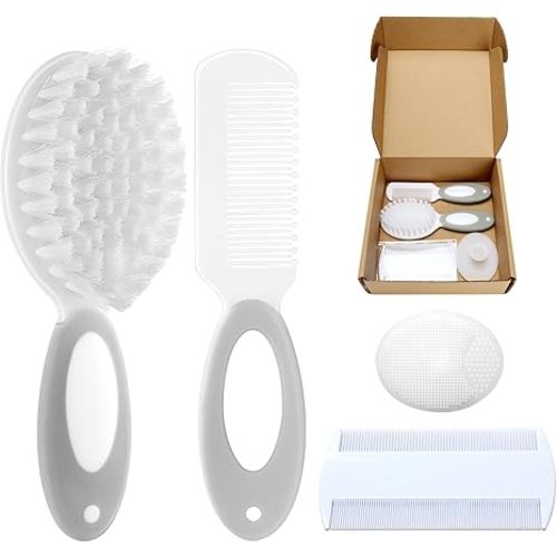 Baby Hair Brush and Comb Set, 4Pcs Baby Soft Bristles Brush Cradle Cap Brush Hair Comb for Newborns Toddlers Boys Girls (Grey)