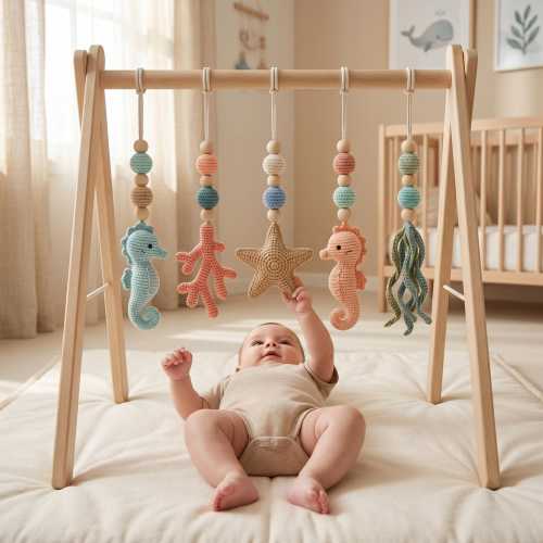 Handmade Custom Ocean Baby Play Gym, Crochet Seahorse Nursery Toys, Wooden Montessori Baby Gym, Coastal Nursery Decor, Baby Shower Gift