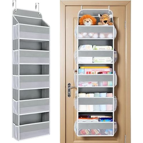 Yecaye Over The Door Organizer Storage, 5-Tier Heavy Duty Door Organizers Hanging with 10 Side Mesh Pockets, 44 lbs Load Capacity Behind Door Storage for Bathroom Nursery Bedroom Dorm Closet, Grey