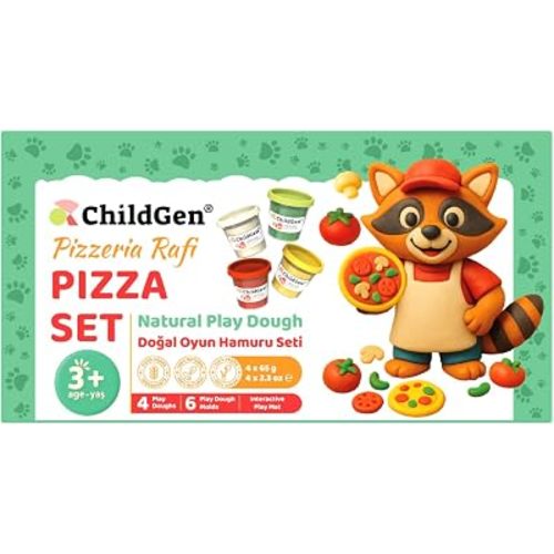 ChildGen Paw Pals Play Dough Set – Natural Non-Toxic Sensory Dough for Kids, 4 Colours with 5 Moulds & Themed Play Card, Safe Creative Toy for Toddlers (Pizza Set)