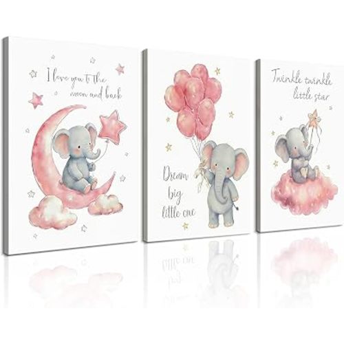 HQQUCC Watercolor Elephant Nursery Canvas Wall Art, Pink, 12x16 Inch