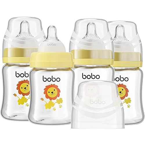 YOHKOH Glass Baby Bottles with Slow Flow Nipple, Newborn Anti-Colic Baby Bottles for 0+ Months, Wide Neck Feeding Bottle, Clear (Yellow, 5oz (Pack of 4))