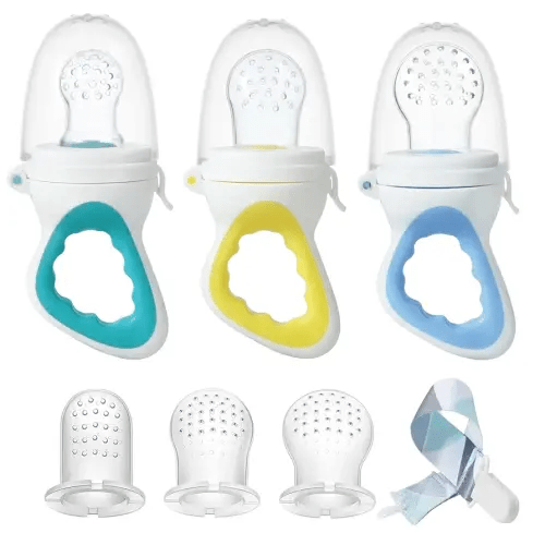 PandaEar 3 Pack Baby Feeder Fresh Fruit Food Feeder with 3 Different Size Silicone Pouch and 1 Pacifier Clips, Training Massaging Toy Teether
