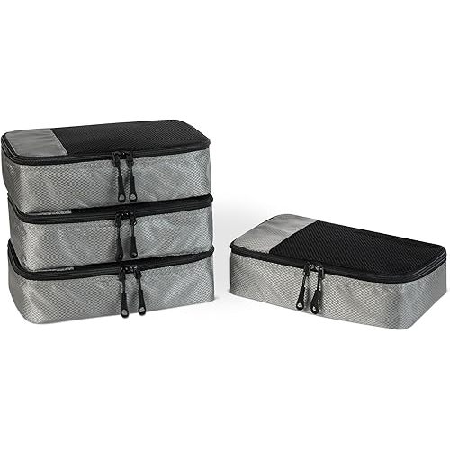 Amazon Essentials 4-Piece Packing Cubes Travel Accessories Set, Luggage Organizer with Double Zipper, Mesh Top, 100% Polyester, Small, Gray (Previously Amazon Basics)