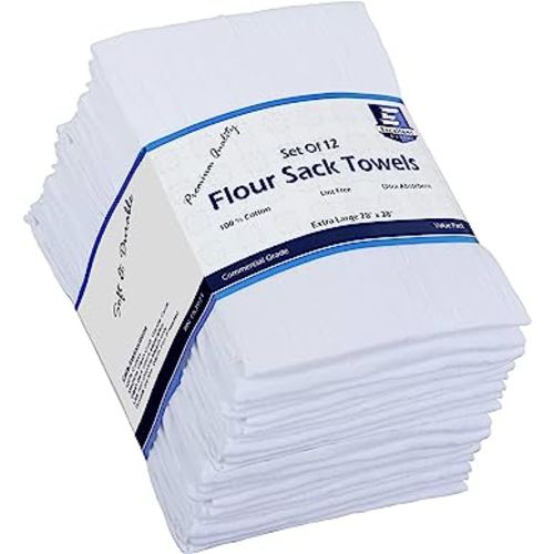 Flour Sack Kitchen Towels (White,12 Pack) 100% Cotton,28x28 Inch Cloth Napkin, Bread wrapper, Cheesecloth, Multi Purpose Kitchen Dish Towels,Bar Towels, Extremely Absorbent & Sturdy By Excellent Deals