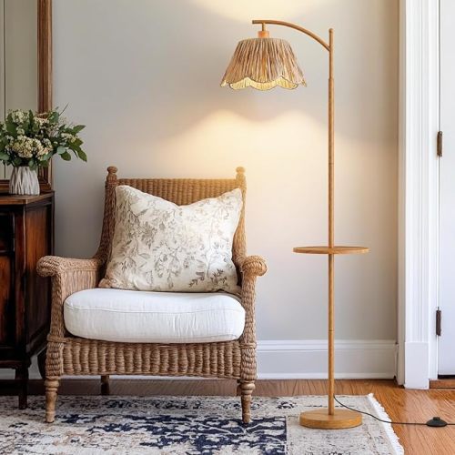 Oneach Rattan Floor Lamp for Bedroom, Boho Floor Lamp with Foot Switch, Farmhouse Standing Lamps for Living Room with Hand-Woven Shade, Walnut Metal Base & Pole