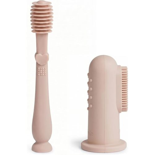 Moonkie Baby Toothbrush Finger Toothbrush Oral Cleaner Kit for 3 Months +, 4 Pcs Small (Sand/Warm Taupe)/Large (Blue/Mint)