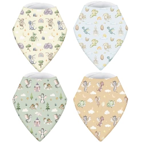 VitalCozy 4 Pcs Watercolor Dragon Baby Bandana Bib Colorful Cotton | Newborn Infant Feeding Drool Bib, for Drooling and Teething Girl Boy, Adjustable Snap Closure Bandanas