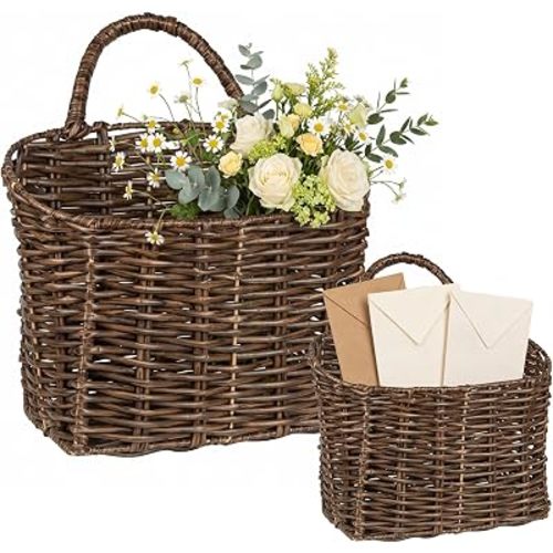 Set of 2 Wicker Wall Baskets for Hanging Storage, Handwoven Boho Wall Organizer, Decorative Wall Mounted Basket Set for Entryway, Mail, Keys, Plants, Flowers & Home Decor, Plastic Rattan Tube
