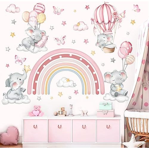 decalmile Pink Rainbow Elephant Wall Stickers Hot Air Balloon Animals Clouds Stars Wall Decals Baby Nursery Kids Bedroom Daycare Wall Decor