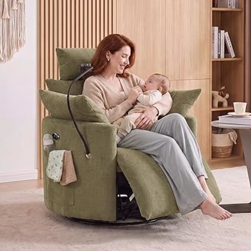 FOXHUNTER Power Glider Rocking Chair Nursery Rocking Chairs 360°Swivel Rocking Recliner with USB Charging Port and Phone Holder,Footrest&Side Pockets,for Living Room(Chenille Green)