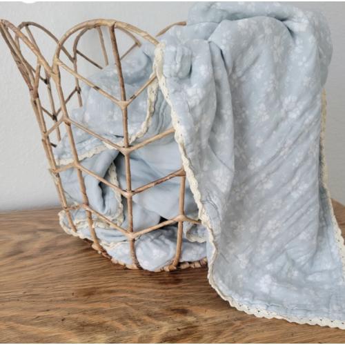Daphne Icy Blue Floral QUILTED 6 Layer Gauze Blanket