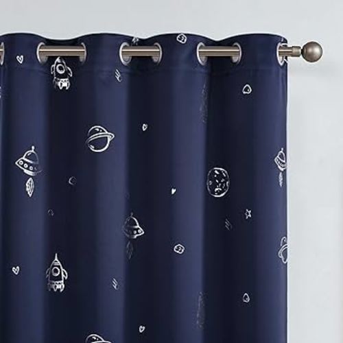 Vangao Navy Blue Blackout Curtains Space Theme Curtains for Boys Kids Nursery Girls Room Silver Foil Print Grommet Top Window Drapes 63 Inch Length 2 Panels for Bedroom Living Room