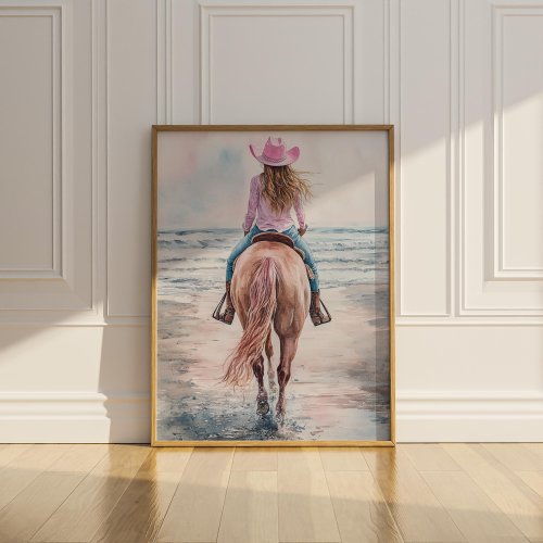 Coastal Cowgirl Poster Print Wall Art Horse Riding Beach Wall Decor Watercolor Painting Pink Cowboy Hat Preppy Room Western Matte Poster