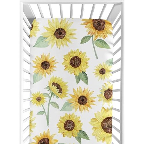 Sweet Jojo Designs Fitted Baby Crib Sheets (Boho Floral Sunflower) for Girls, Infant Nursery, Toddler Room - Standard Size (Farmhouse, Watercolor, Flower, Botanical, Bohemian, Yellow, Green and Taupe)