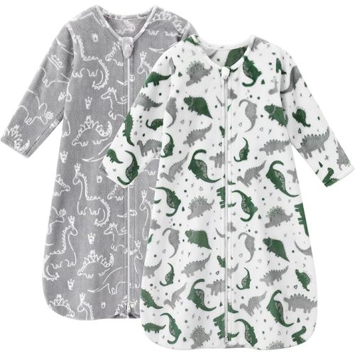 Fleece Baby Sleep Sack 0-6 Months Long Sleeve 2.0 Tog Baby Wearable Blanket with 2-Way Zipper Warm Sleeping Sack for Toddler Infant Newborn - Small Grey White Dinosaur
