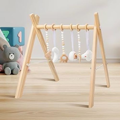 Wooden Baby Play Gym Foldable Baby Paly Frame Activity Gym with 5 Hanging Sensory Toys for Babies 0-6 Months, Infant Play Gym Easy to Assemble & Clean, Newborn Present for Boys & Girls
