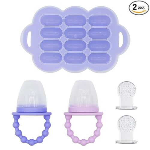 WeeSprout Baby Food Feeder Set - 2 Silicone Feeders & Reusable Freezer Tray with Lid - BPA-Free Fresh Fruit & Veggie Pacifier for Babies & Toddlers - Double as Teething Toys - Dishwasher Safe