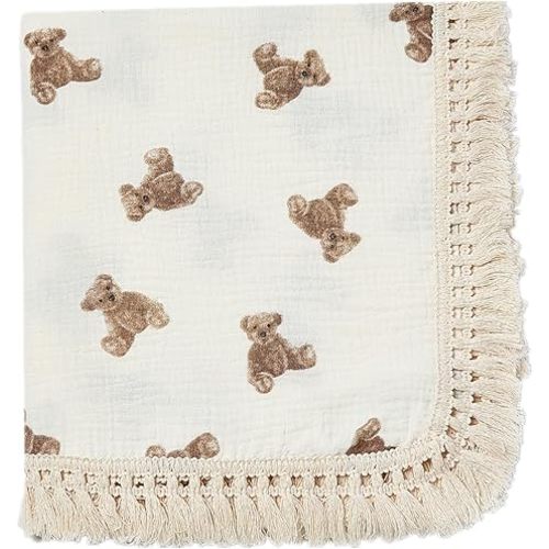 insular Cotton Muslin Baby Blanket with Tassel, Boho Bohemian Muslin Swaddle Blanket Baby Receiving Blanket with Fringe, Nursery Decor Throw or Nursing Blankets, 47" x40”, Little Bear