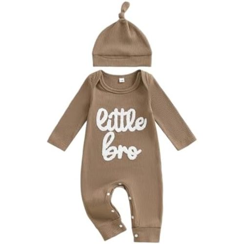 pengnight Baby Boy Clothes Little Bro Newborn Outfit Ribbed Knit Long Sleeve Baby Brother Romper Striped Bodysuit with Hat