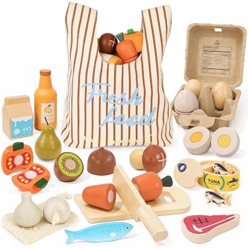 Lehoo Castle Wooden Play Food Sets for Kids Kitchen, Pretend Play Toys