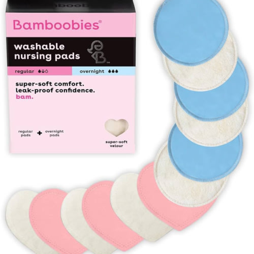 Bamboobies Nursing Pads, Ultra-Soft Velour, Reusable, Washable & Leak-Proof, 6 Ultra-Thin and 6 Overnight Pads for Breastfeeding