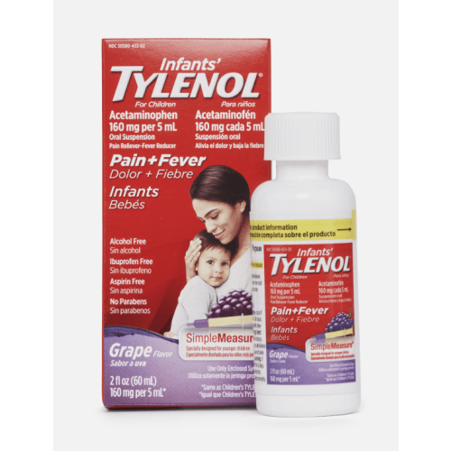 Infants' Tylenol Liquid Pain Relief & Fever Medicine, Oral Suspension, Acetaminophen for Sore Throat, Headache & Teething, Pain Reliever & Fever Reducer for Kids; Grape Flavor, 2 fl. oz.; Pack of 1