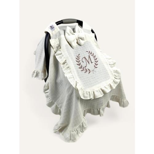 Personalized Muslin Car Seat Cover | Cream Ruffle Canopy, Peekaboo Window | Handmade Carseat Cover