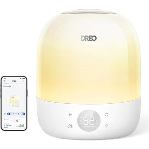 DREO Humidifiers for Bedroom Baby HM409S, Ultra Quiet 28dB & 3L Top Fill Cool Mist Humidifier for Nursery, Smart Air humidifier for Plants Indoor, 1500+ RGB Night Light & Sleep Routine Trainer