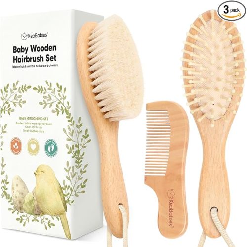 Baby Hair Brush Set for Newborns - Soft Goat Bristle Wooden Baby Brush and Comb Set Newborn Grooming Kit for Cradle Cap, Durable & Gentle, Boy, Girl Infant Essentials Care Kit (Oval, Walnut)