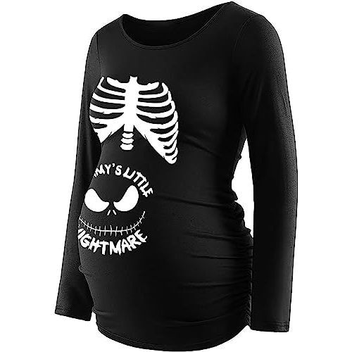 Women Maternity Halloween T-Shirt Pregnancy Announcement Tops Mommy's Little Nightmare Tee Xray Ribcage Skeleton