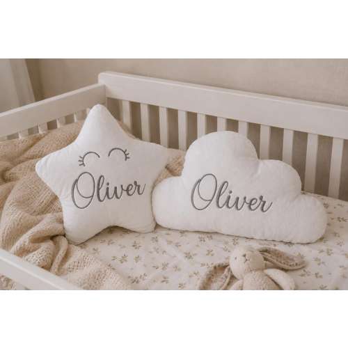 Star & Cloud Pillow Set with Embroidered Names – Custom Nursery Decor – Baby Shower Gift – Newborn Keepsake