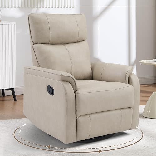 HAOMARKETS Swivel Rocker Recliner Chair, Manual Faux Leather Glider Rocking Recliners for Adults, 360° Swivel Nursery Reclining Sofa with Padded Backrest for Living Room, Beige