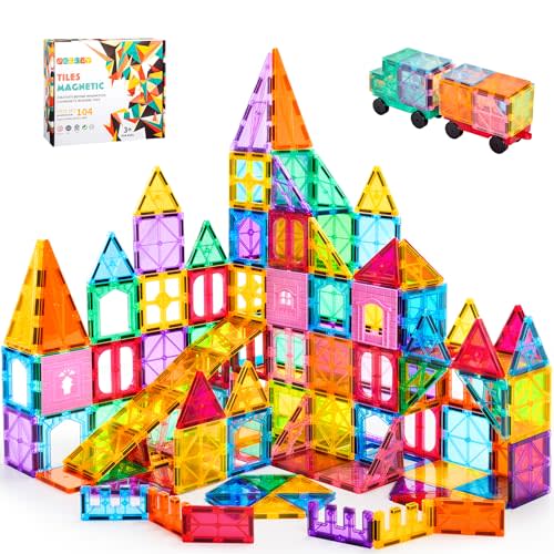 OugerToy 104PCS Magnetic Tiles STEM Building Blocks for Kids Ages 3-9 | Educational Stacking Toys with Car Bases, Creative Construction Gift for Boys Girls OugerToy