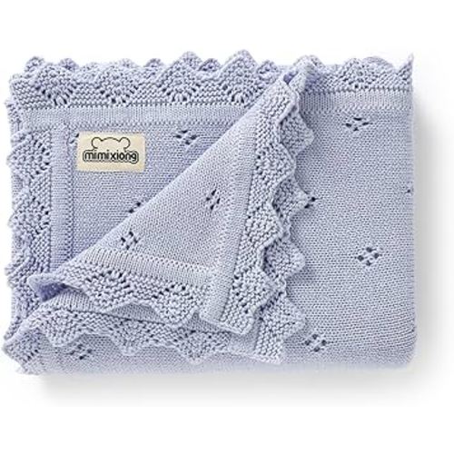 mimixiong Cotton Baby Blanket Knitted Crochet Receiving Crib Nursery Swaddling Blankets for Newborn Baby Boy Girl Smoke Blue 30x40 Inch