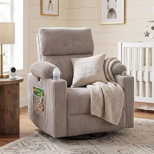 Rocking Chair Nursery with Adjustable Armrests, Glider Recliner Chair with Massage and Heat, Power Swivel Rocker Recliner with Adjustable Headrest, Corduroy Grey