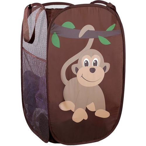 Handy Laundry Collapsible Mesh Pop Up Laundry Hamper with Side Pocket – Breathable, Space-Saving, Foldable Basket for Clothes, Toys, Travel & Storage, 14 x 13 x 24 in, Monkey